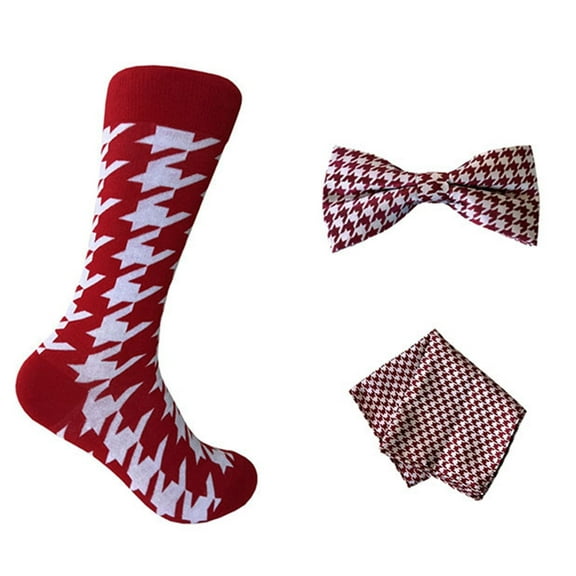 Triple M Plus Novelty Houndstooth Pattern Men's Mid-calf Socks with Bowtie and Pocket Square Set In Red with White Color