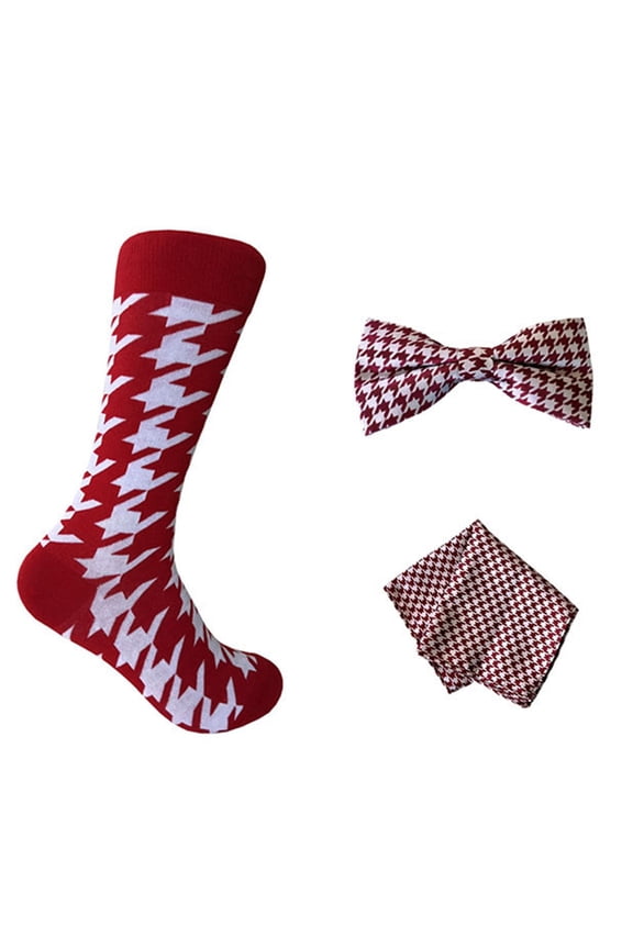 Novelty Houndstooth Pattern Men's Mid-calf Socks with Bowtie and Pocket Square Set In Red with White Color
