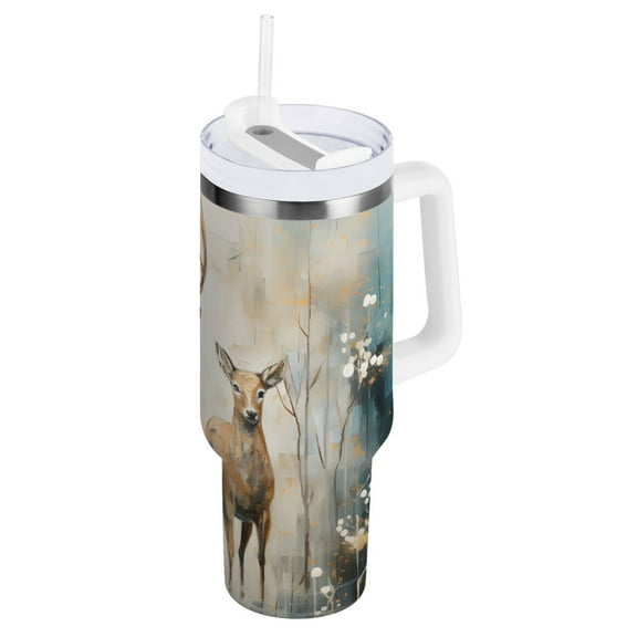 Deers in Blue Tumbler with Handle and Straw Insulated Travel Mug Reusable Stainless Steel Water Bottle 40 oz