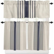 Beige Striped Kitchen Curtains, Midnight Blue Geometric Simple Retro 3-Piece Kitchen Curtain Valance and Tiers Set 36 Inch Length, Rod Pocket Half Window Curtains for Cafe Living Room Bathroom
