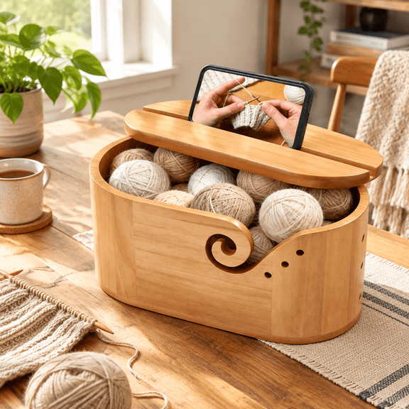 Large Wooden Yarn Bowl with Lid for Knitting and Crochet, Spacious Craft Organizer