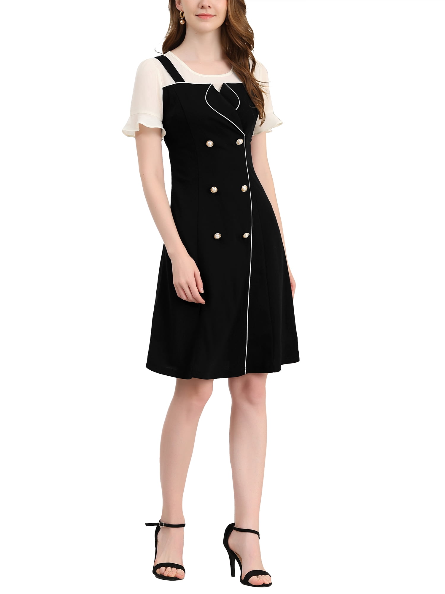 Unique Bargains Women's Contrast Chiffon Button Decor Short Sleeve Dress Black M