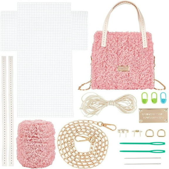 DIY Knitting Crochet Bags Kits Including Yarn Mesh Plastic Canvas Sheets Bag Handles Bag Strap Chains Knitting Needles Thread Magnetic Clasp Labels D Ring Pink
