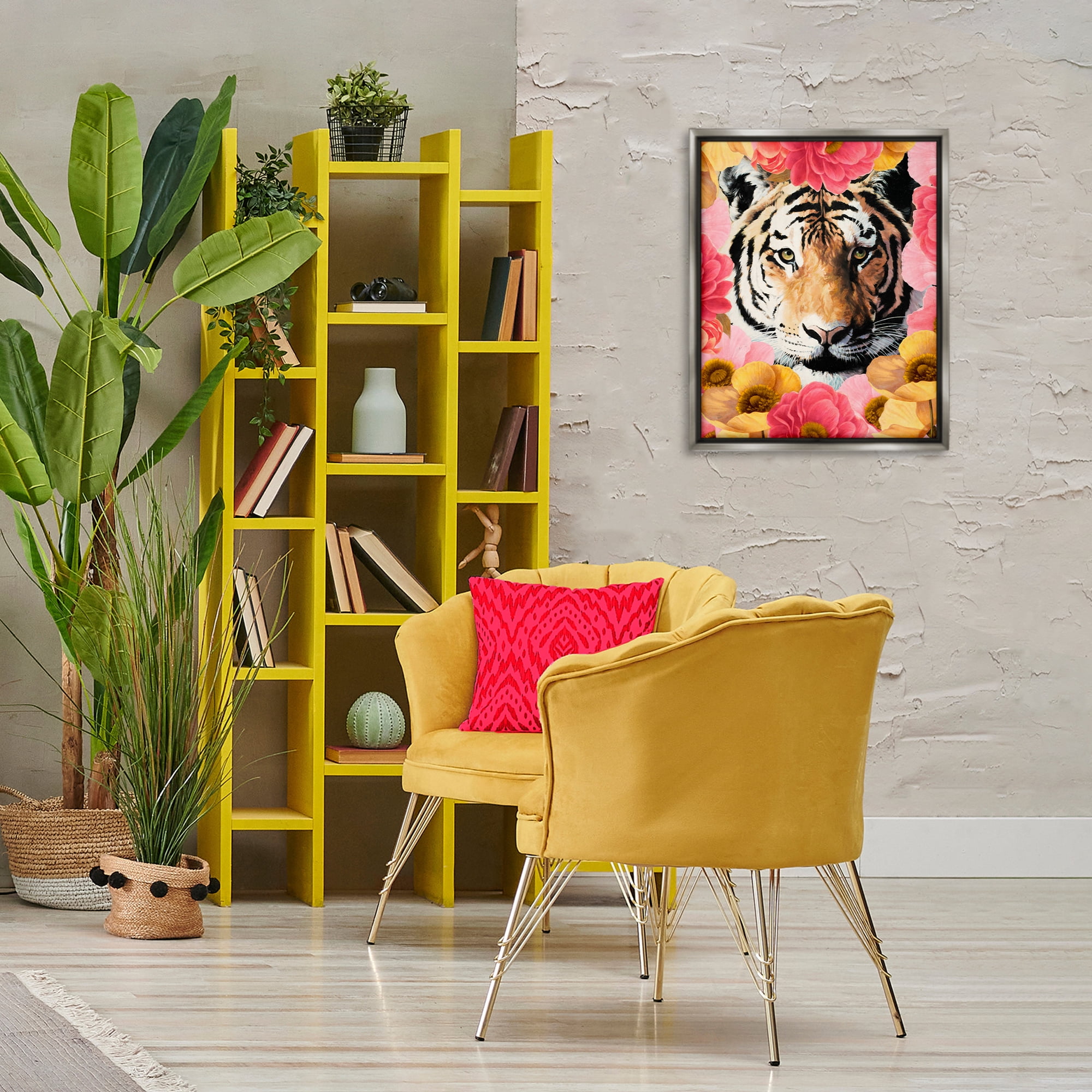 Stupell Industries Tiger on Dahlia Florals Animals Painting Gray Floater Framed Canvas Art Print Wall Art, 17 x 21