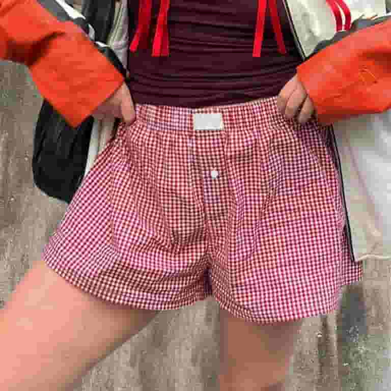 ショートパンツ OJOS : 25SS / Reversible Plaid Track Shorts (2colors) GYUJNB Women Y2K Lounge Shorts Elastic Waist Wide Leg