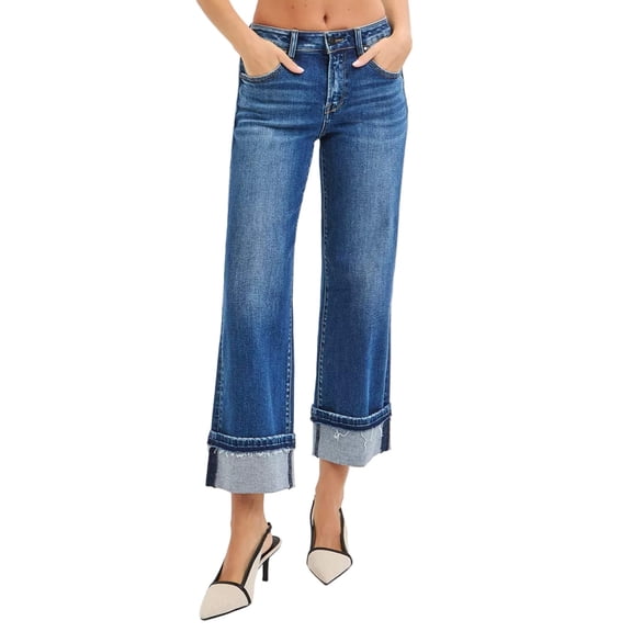 RISEN Mid Rise Ankle Straight Jeans with Cuffed Hem
