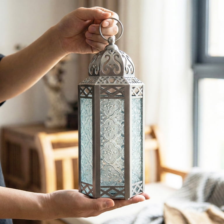 Vela Lanterns Moroccan Silver Lantern Candle Holder, 10.5" photo 4