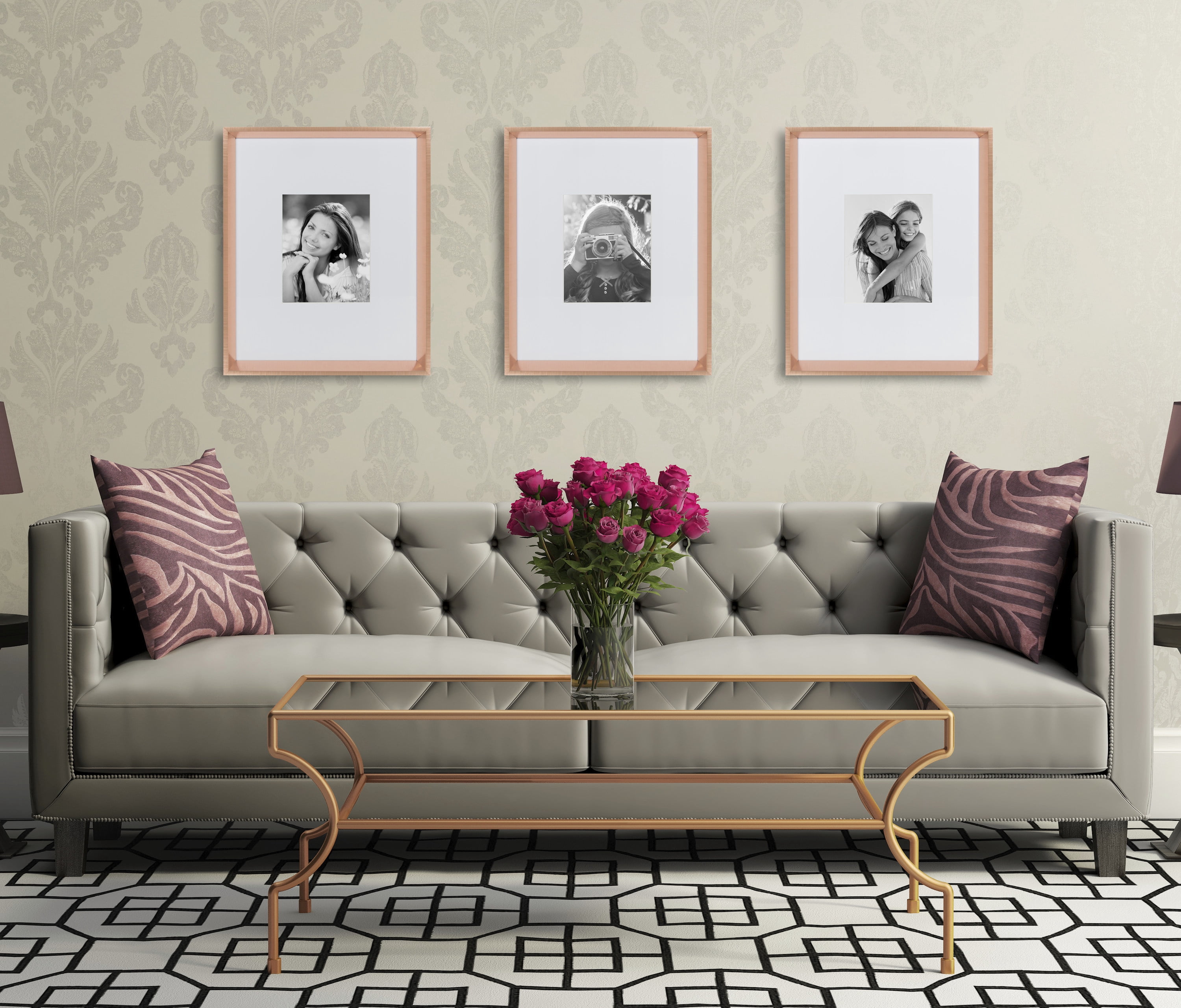 Kate and Laurel Calter Modern Wall Picture Frame Set, Rose Gold 16x20 matted to 8x10, Pack of 3