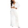thumbnail image 2 of Caoirhny Women Spring Pants Outfits Solid Color Turn-Down Collar Long Sleeve Loose Shirts Elastic Waist Wide-Leg Long Pants 2 Pieces Set, 2 of 8