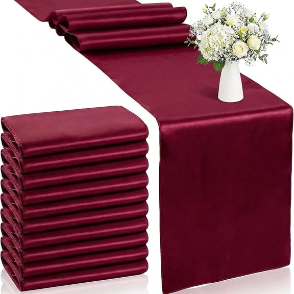 Jeffbaubl 10 Pack Satin Table Runner, 12 x 108 Inch Wine Red Tables Runner, Long Smooth Table Runners for Wedding Party Banquet Graduations Birthday Decoration
