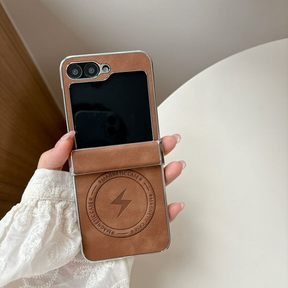 for Samsung Galaxy Z Flip 7 Magnetic Case with PU Leather Back & Plated Frame, Compatible with MagSafe, Fashion Ultra Slim Lightweight Drop Protective Phone Case Cover for Men and Women, Brown