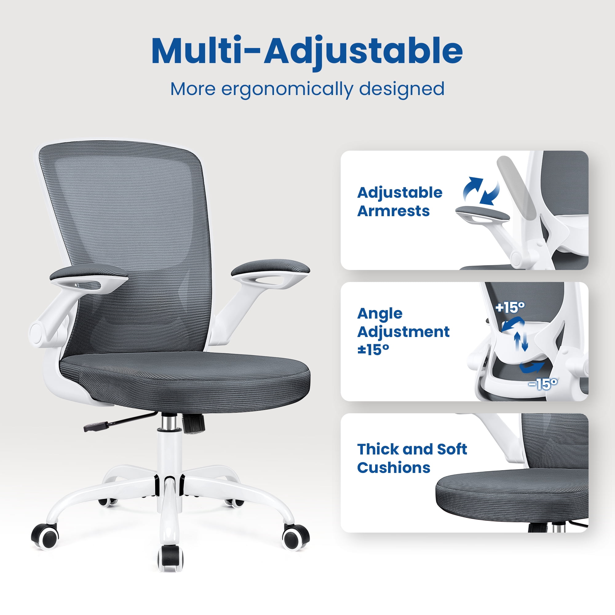 COOLHUT Office Chair, Ergonomic Office Chair, Comfort Home Office Task Chair, Lumbar Support Computer Chair with Flip-up Arms and Adjustable Height, 350LBS, Dark Gray