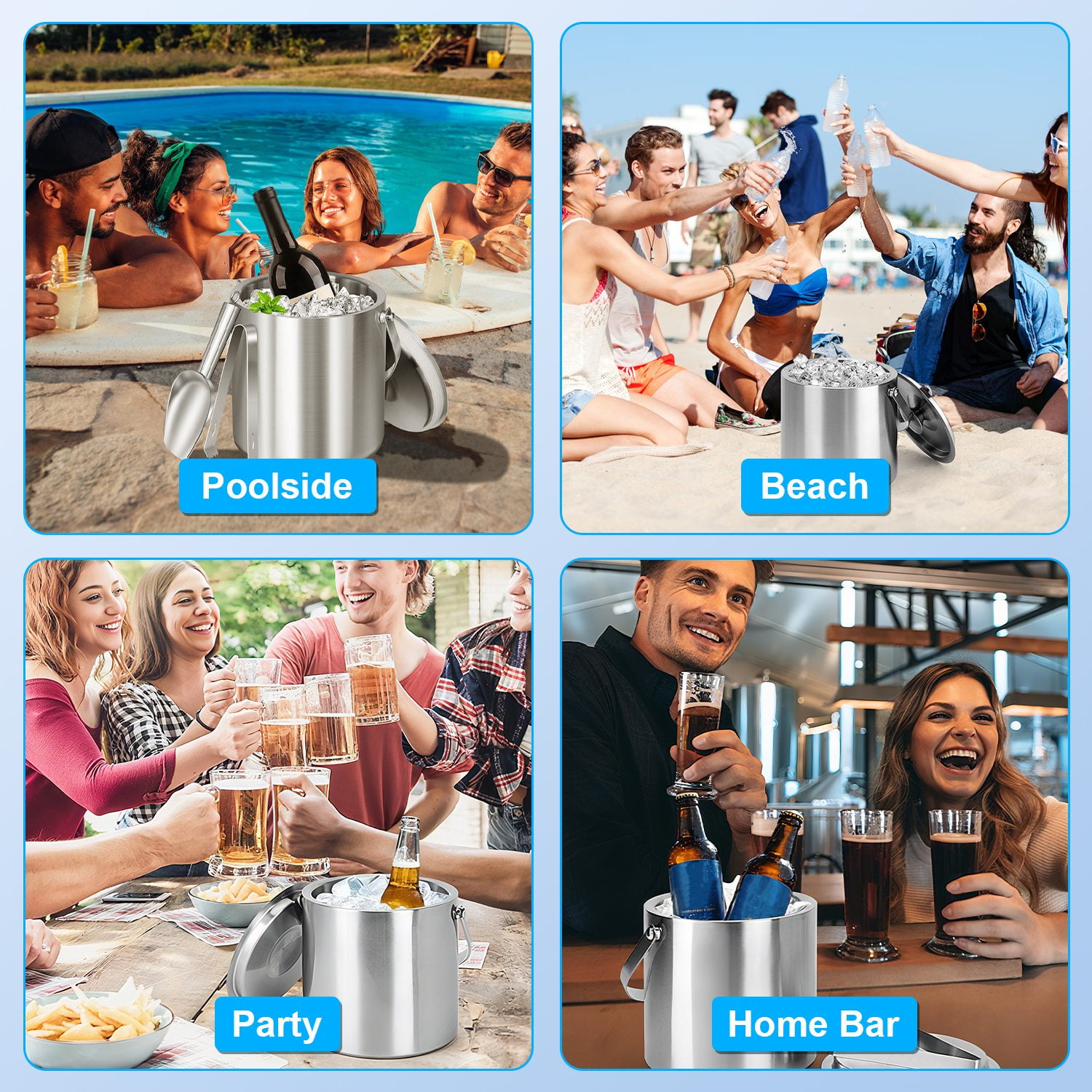 FENGFAN 3L Insulated Ice Bucket, Double-Wall 304 Stainless Steel Ice Holder with Accessories for Party Bar Use