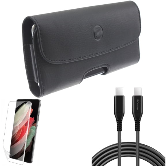 Matte Screen Protector w Case Belt Clip w 6ft Long USB-C Cable for Samsung Galaxy S21 Plus - TPU Film Anti-Glare, Leather Holster, PD Fast Charger Cord Power Accessory Bundle
