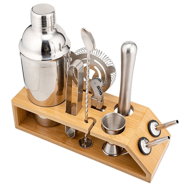 Juego de herramientas de barra de acero inoxidable de 10 piezas con soporte de bambú con soporte de bambú - Juego de barra con todos los prácticos accesorios de barra