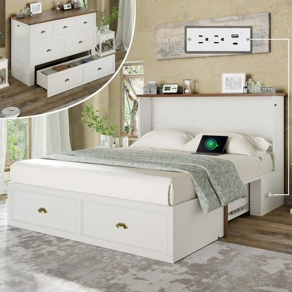 VanAcc Full Size Murphy Bed, Farmhouse Cabinet Bed with Charging Station and Storage Drawer for Bedroom & Guest Room, White