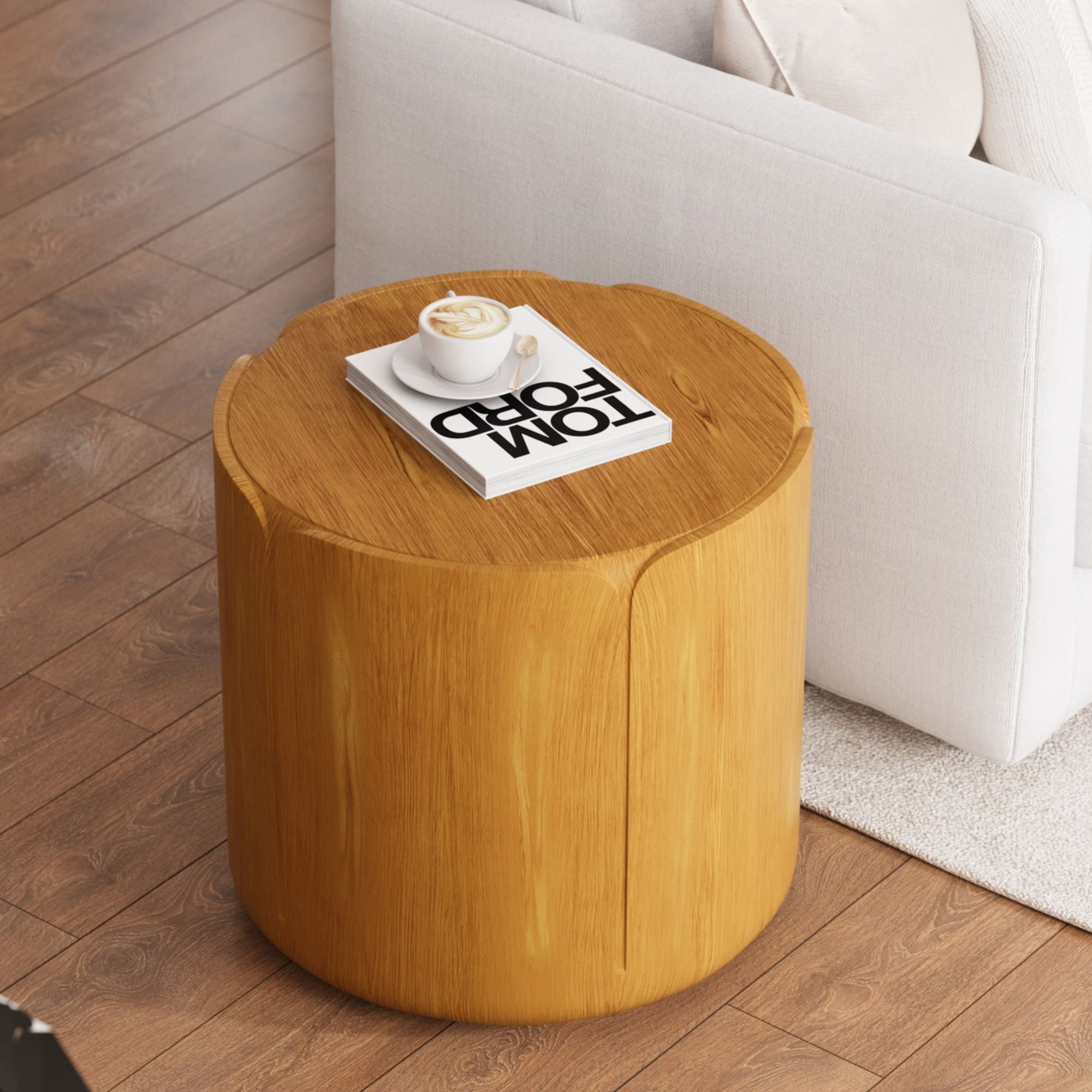 Round Mini Outdoor Side End Table, Wood Grain Lightweight Patio Accent Table for Home Garden Decor, Natural
