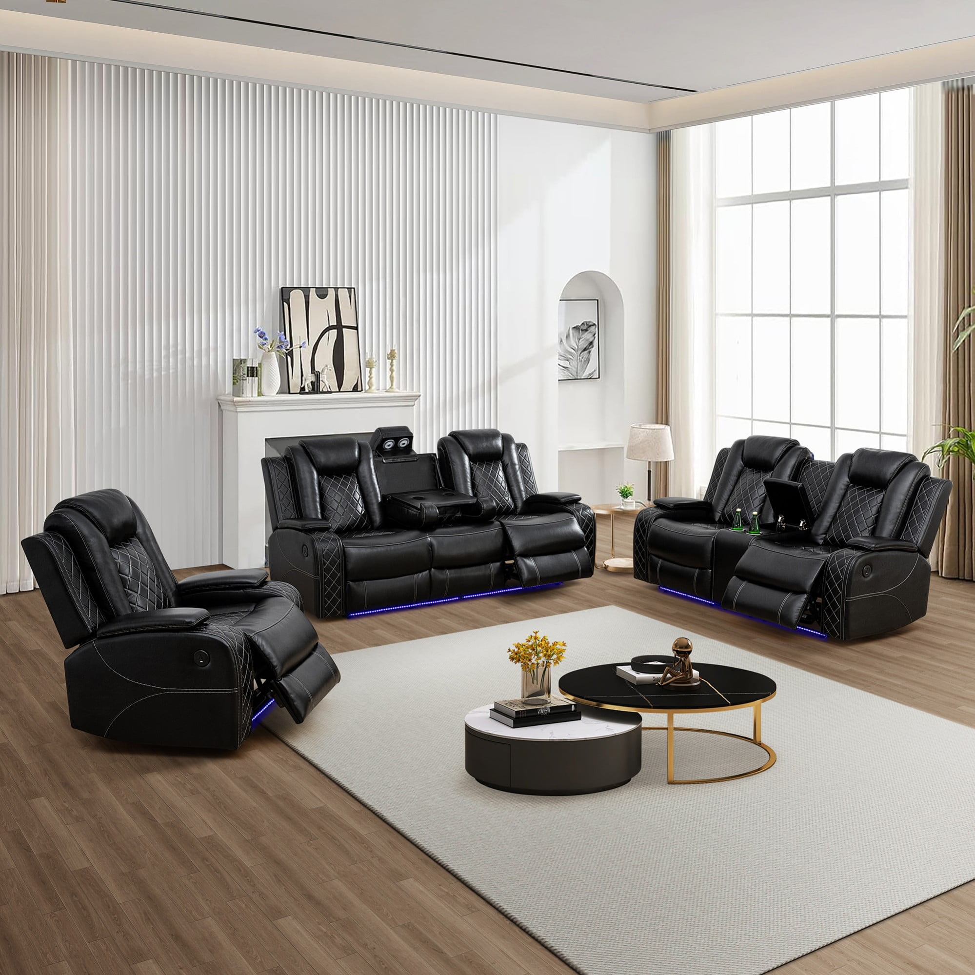 Gewnee Black 3-Piece Multifunctional Smart Sofa with Console & Cup Holders, Solid Wood Frame, Double-Layer Springs and Air Leather