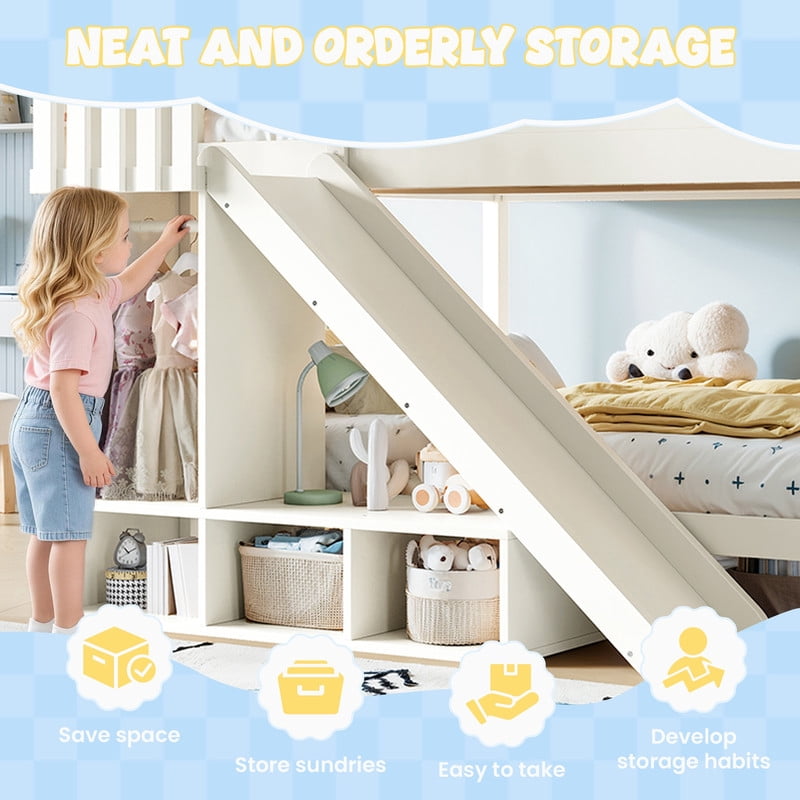 Full-Over-Full Size Kids Bunk Bed with Open Storage Shelves & Small Wardrobe, Wooden Princess Bed Frame with Ladder & Slide