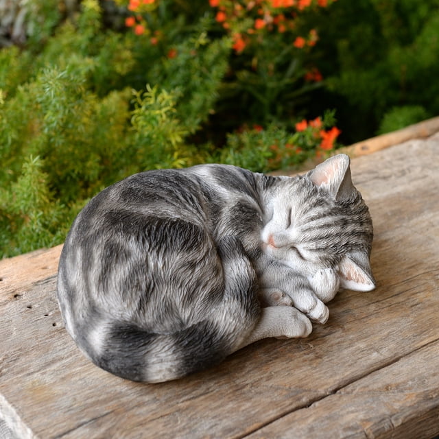 Sleeping Cat Garden Statue Polyresin Gray Tabby Decor Outdoor