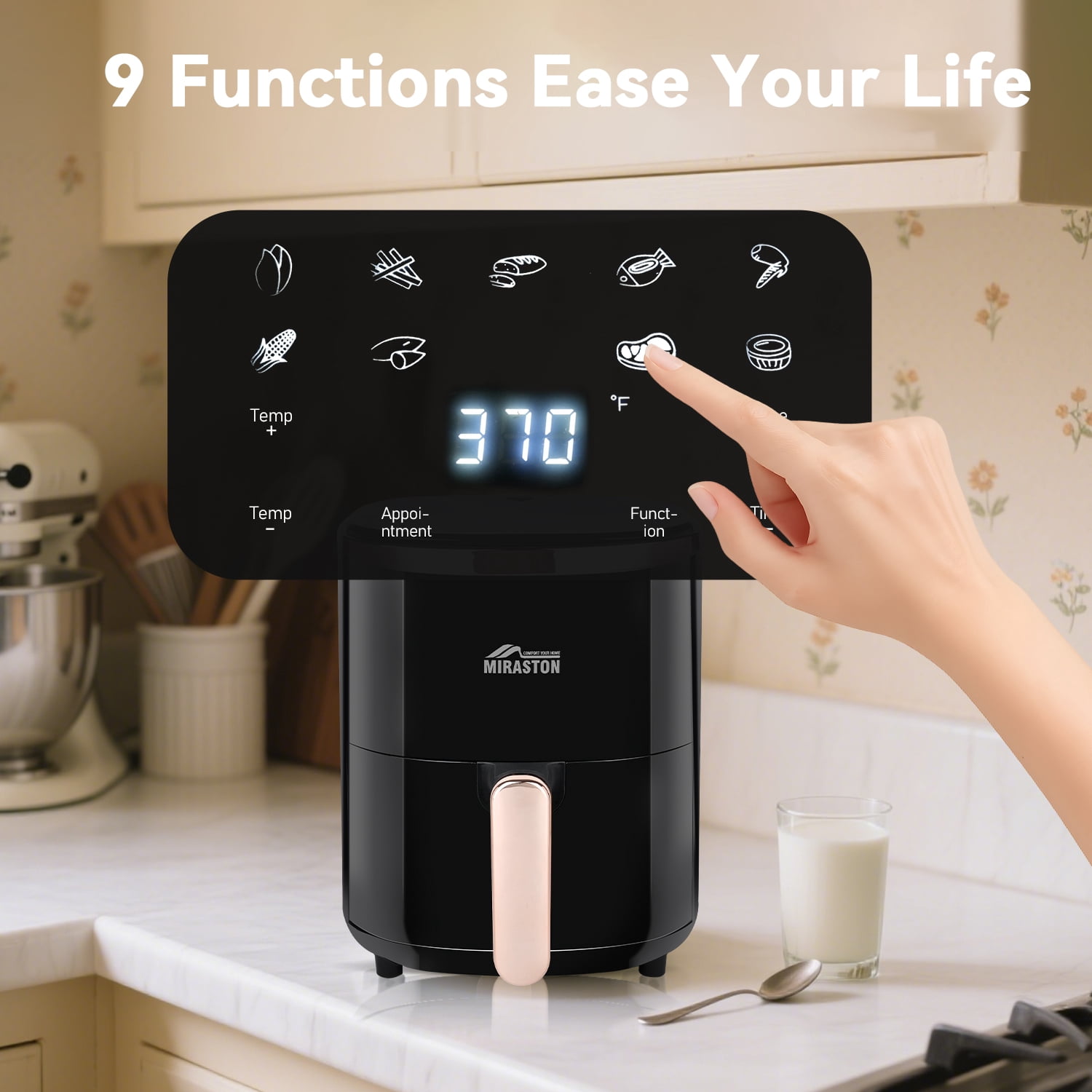MIRASTON 3.6QT Personal Air Fryer with Digital Display & 9 Presets, Stainless Steel, Ideal for Small Kitchens