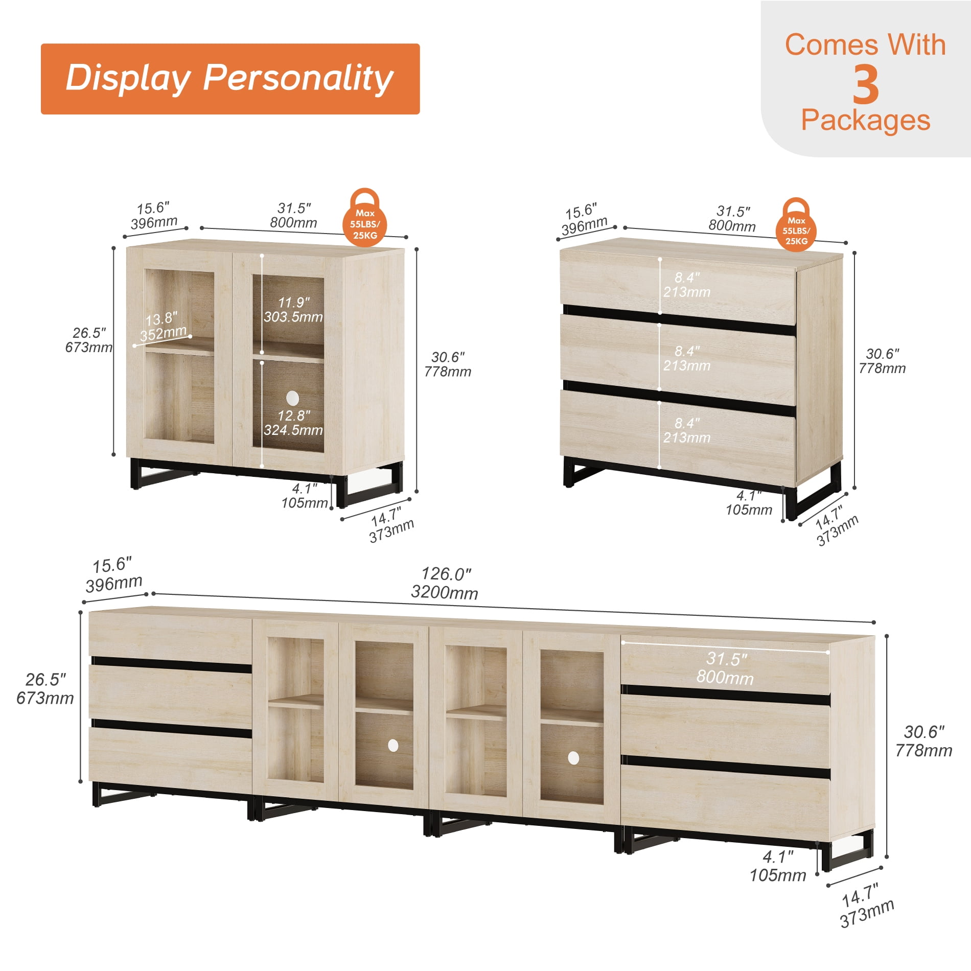 Modern 4-in-1 Sideboard Buffet Cabinet, Storage Credenza with 6 Drawers, Adjustable Shelf and Tempered Glass Doors, Metal Base Coffee Bar Cabinet for Home Decor,Beige