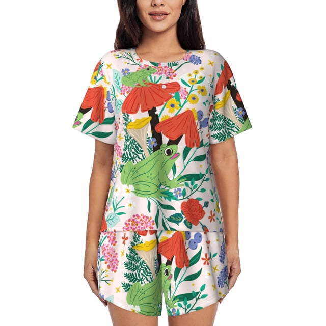 Fotbe Mushroom and Frogs Conjunto de Pijama Estampado para Mujer, 2 Piezas, Ropa de Dormir con Camiseta de Manga Corta y Shorts Suaves-XX-Large