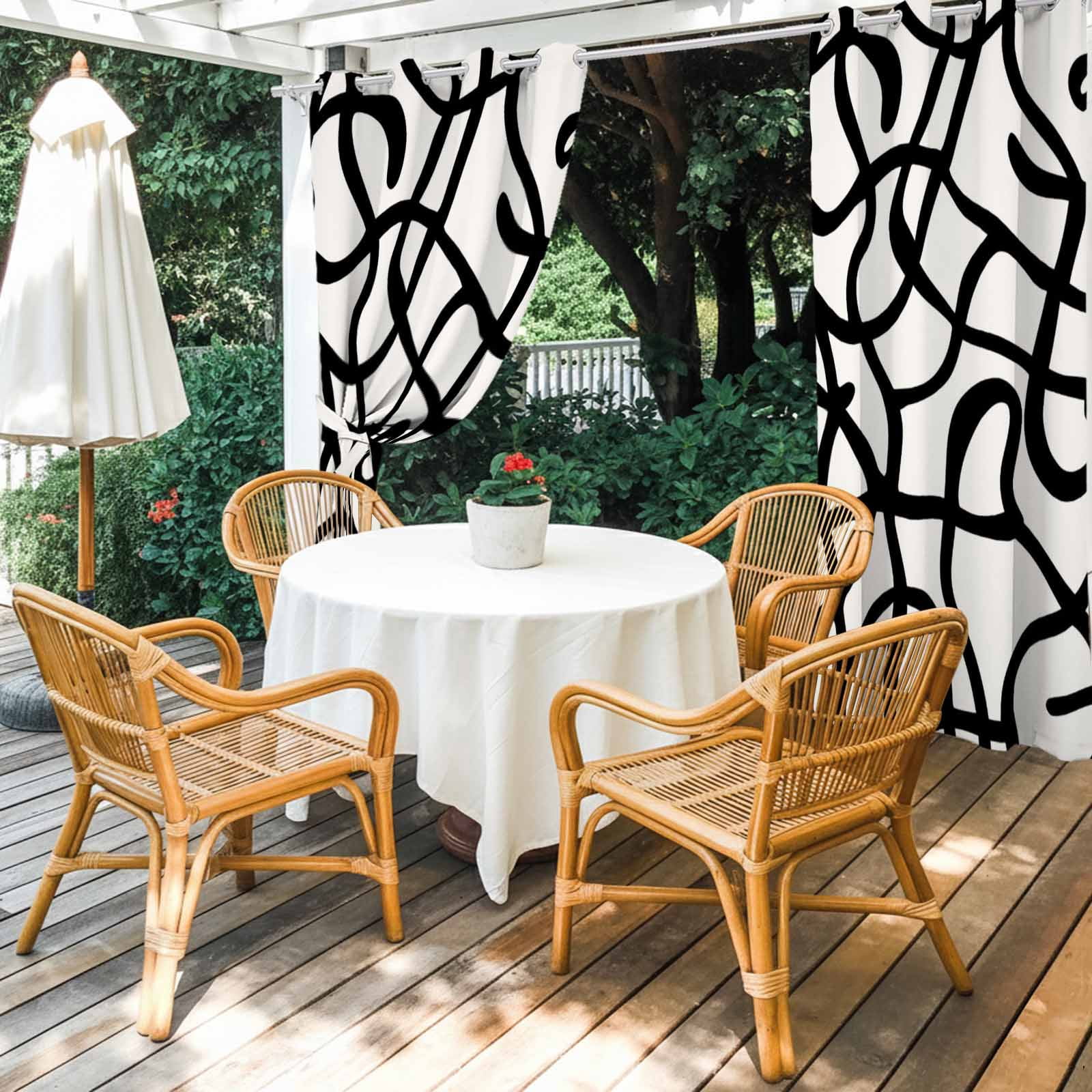 Abstract Line Outdoor Curtains for Patio, Retro Black Wave Line Art White Minimalist Sunshade Privacy Drapes Grommet Waterproof Outside Curtains for Porch/Cabana/Balcony 54"x 108", 1 Panel