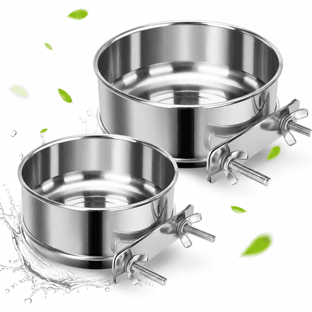 Pet Dog Food Water Bowl for Cage,Stainless Steel Non-Spill Kennel Hanging Cats Bowls with Clamp Holder Crate Feeder Dish for Small Medium Large Dogs (Silver,XS (19 & 12 OZ))