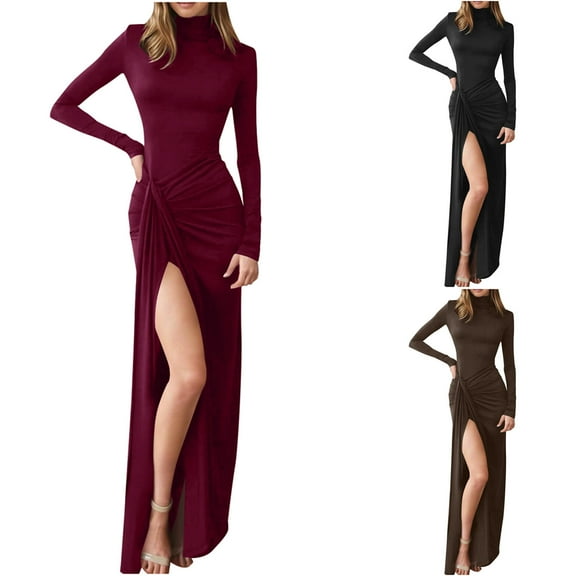 Kilaqueen Sexy Fashion Maxi Dresses for Women High Neck Long Sleeve Side Ruched Party Dresses Bodycon Party Club Thigh Split Long Dress