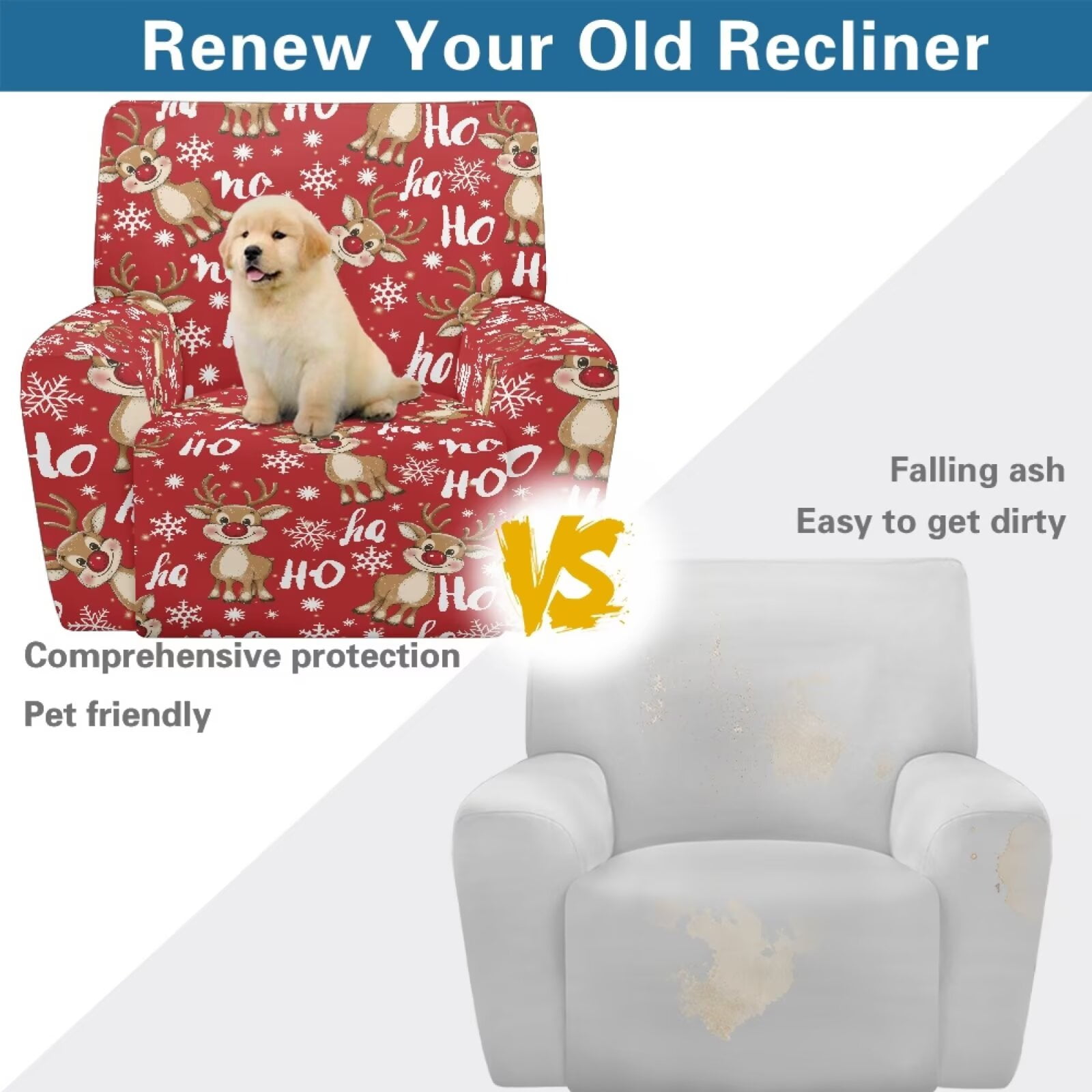 Yuyamidu Christmas Reclining Chair Covers 4 Pieces Reindeer Recliner Covers That Stay in Place Non Slip Lazyboy Covers Couch Chair Cover for Living Room Bedroom Home Decor