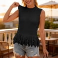 thumbnail image 5 of FDGIU Women's Mock Neck Hollow Knit Sleeveless Tank Top, Fringe Tassel Hem Slim Casual Knit Camisole, 5 of 8