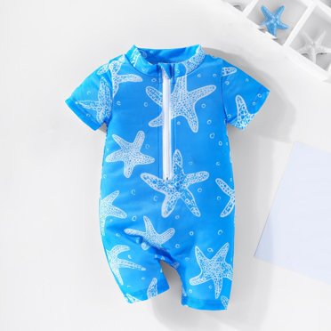 ATOGUTA Boys Girls Short Sleeve Swimsuits Rash Guard Suits Swimwear Sun Protective Zip Blue, Size 3M-3T