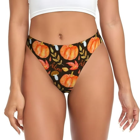 Qokaie Autumn Pumpkin Printed Women s Cotton Thong Underwear  Sexy Breathable Panties G-string-Small