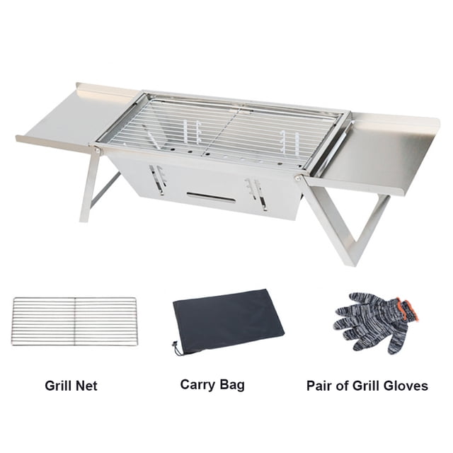 Gril au Charbon Compact en Acier Inoxydable avec Conception Pliable, Maille Résistante à la Chaleur et Sac de Rangement – Comprend des Gants de Gril, Parfait pour le Camping en Plein Air, les Pique-Niques, les Barbecues dans la Cour Arrière; Léger &