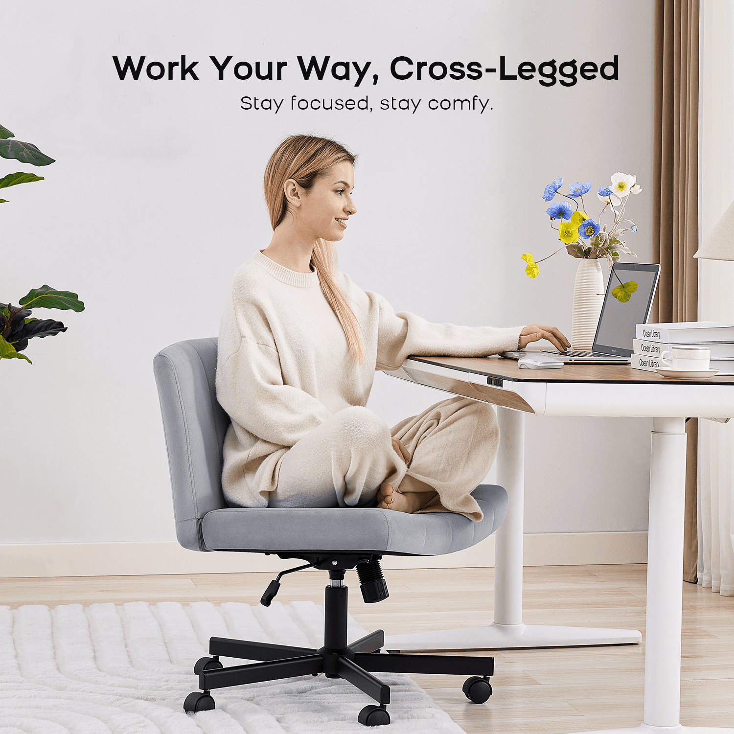 TMV Criss Cross Chair–Armless Office Chair, Fabric Padded Vanity Chair Computer Chair with Wheels, Wide Seat Swivel Desk Chair for Home Office，Gray