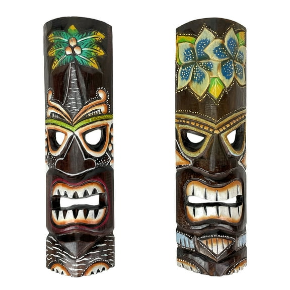 Things2Die4 Carved Wood 20 inch Tiki Wall Masks Palm/ Plumeria Flower (Set of 2)