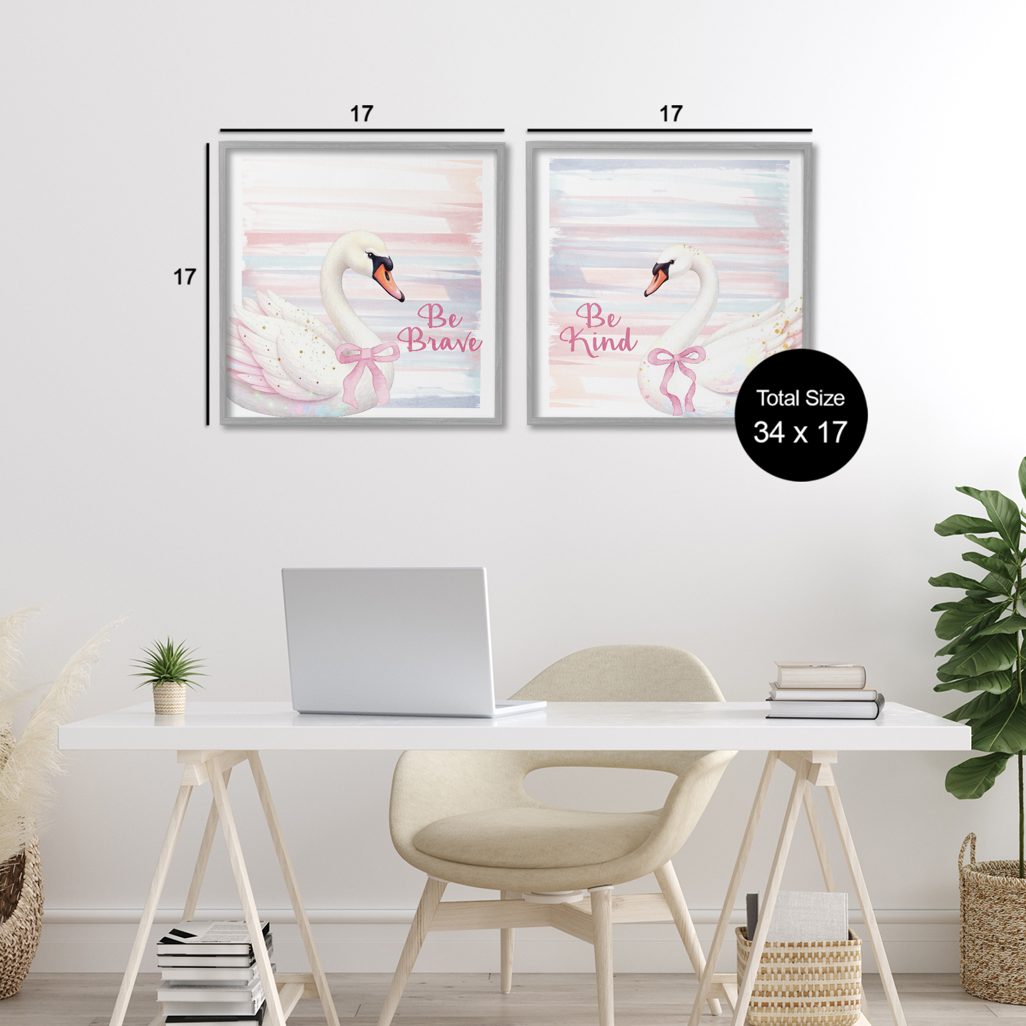 Be Brave & Kind Pastel Swan 2 Piece Gray Framed Giclee Art Set, design by Kim Allen