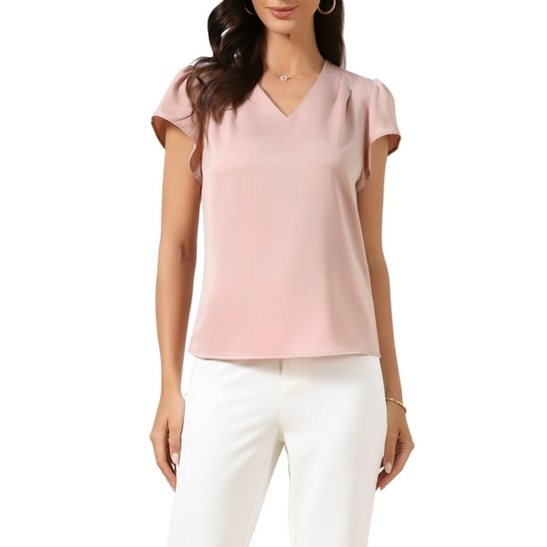 Blusa de satén con pliegues en la parte delantera y cuello en V, de manga corta, para mujer, color rosa polvo, talla M