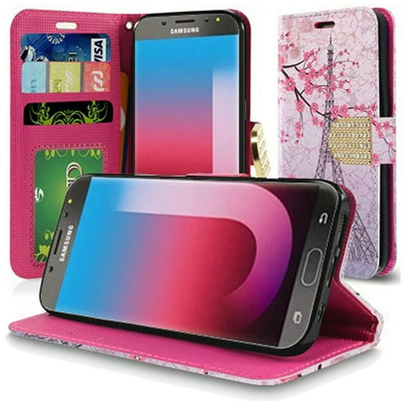 GSA Flip Leather Eiffel Tower Wallet Case For Samsung Galaxy J7 (2018) - Pink