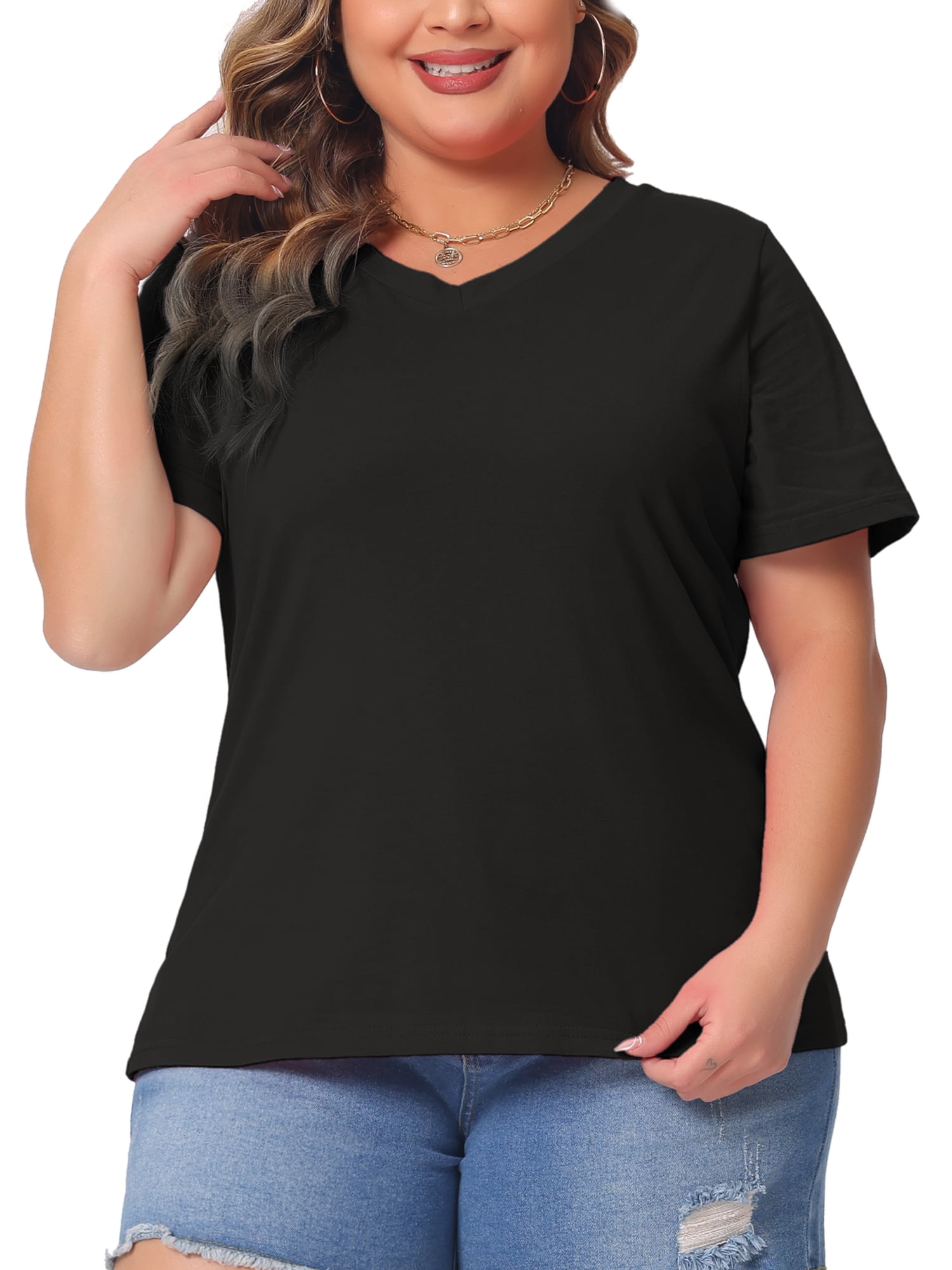 DARING DIVA Women's Plus Basic V Neck Short Sleeve Casual Tops T Shirts 3X Black