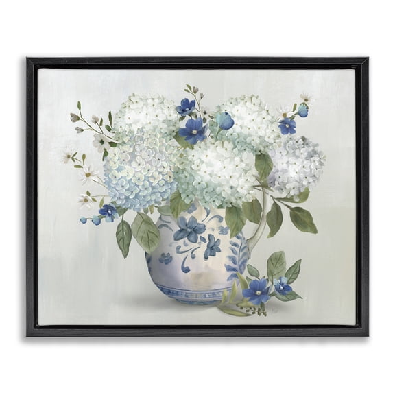 Stupell Industries Traditional Ivory & Blue Hydrangea Vase Black Floating Frame Canvas Art, 21 x 17, by Nan