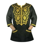 GenOne African Traditional Dashiki Khadi Blouse Double colors Like Mud Cloth Style Wedding Party Shirt Black, L