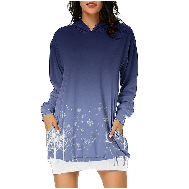 Pisexur Robes de Noël pour Femmes Mode Imprimé Flocon de Neige Sweat à Capuche Robe Décontractée Manches Longues Robes d'Automne Robe de Fête Mini Robe avec Poches