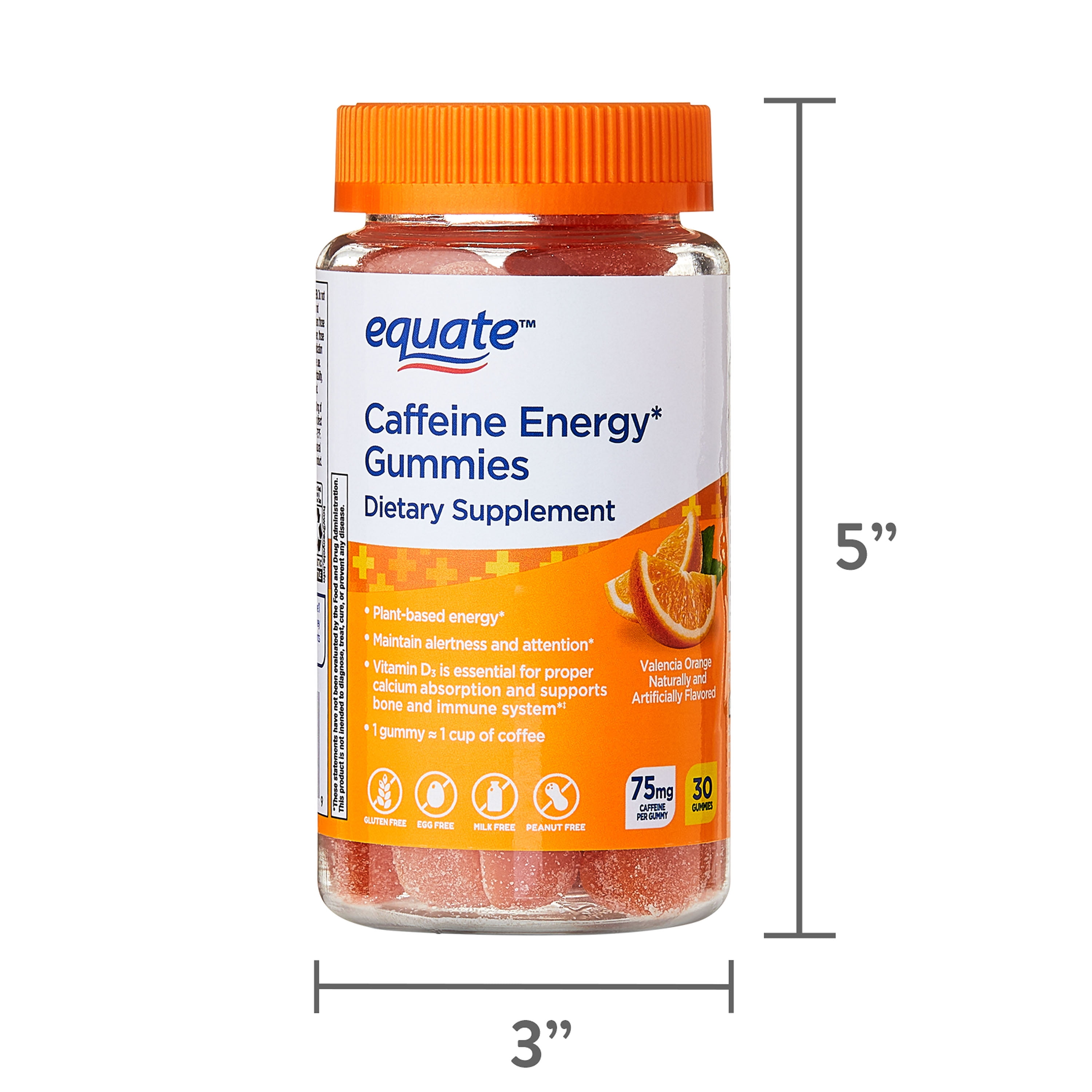 Equate Caffeine Energy Gummies Dietary Supplement, 75mg, Orange Flavor, 30 Count