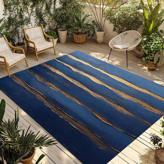 Fsddascl Luxury Navy Blue Outdoor Rug for Patio/Deck/Porch, Non-Slip Large Area Rug 4 x 6 Ft, Golden Contemporary Abstract Indoor Outdoor Rugs Washable Area Rugs, Reversible Camping Rug Carpet