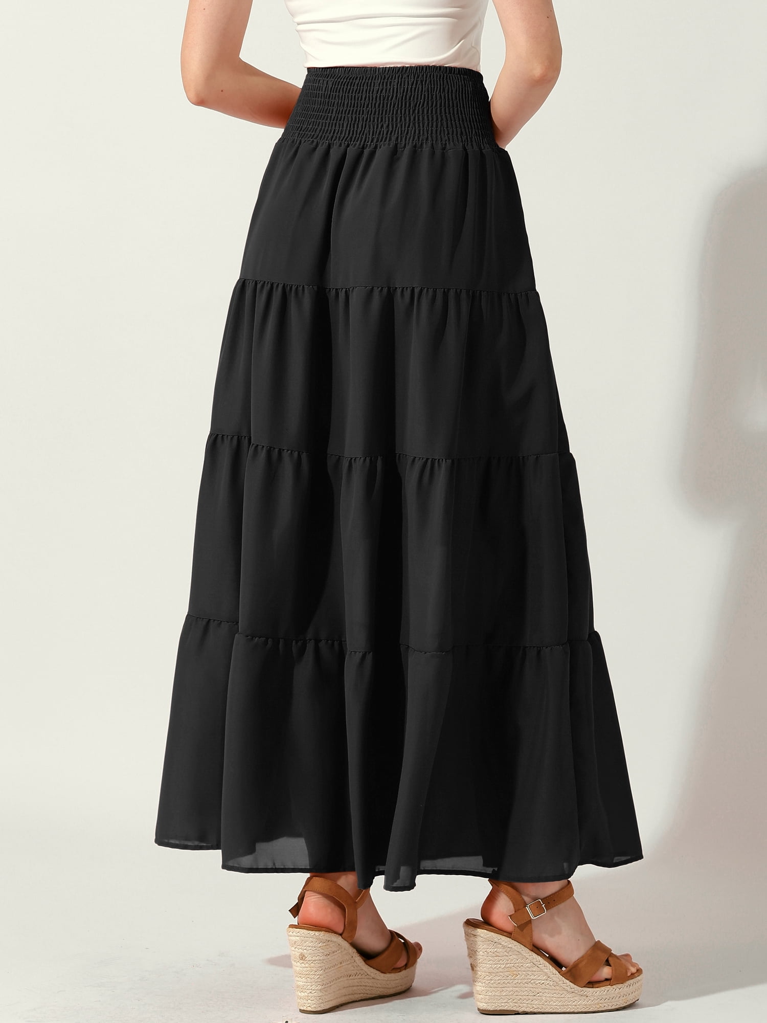 DARING DIVA Women Elastic Waist Tiered Smocked Flowy Maxi Skirt L Black