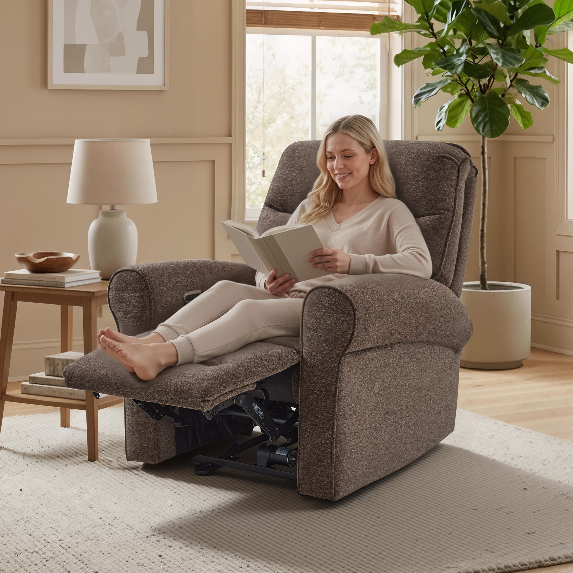 MCombo Small Wall Hugger Power Recliner Chair for Small Space RV Living Room, , Modern Roll Arm Recliner, Fabric, Dark Brown