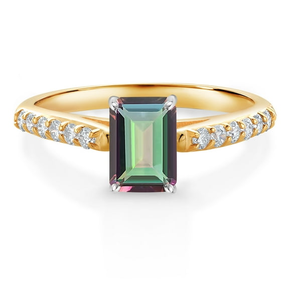 Gem Stone King 1.18 Ct Green Mystic Topaz G/H Lab Grown Diamond 10K Yellow and White Gold Engagement Ring (Size 5)