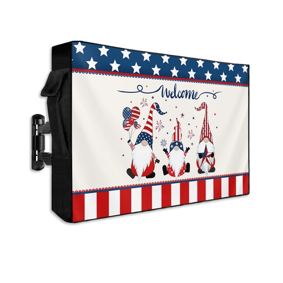 Gnomes with American Star Flag Welcome Outdoor TV Cover 40 to 43 Inch Waterproof, Red Stripes Star Lace 600D Oxford TV Covers with Zipper, Outside Flat TV Screen Protector 40"Wx25"Hx4.5"D